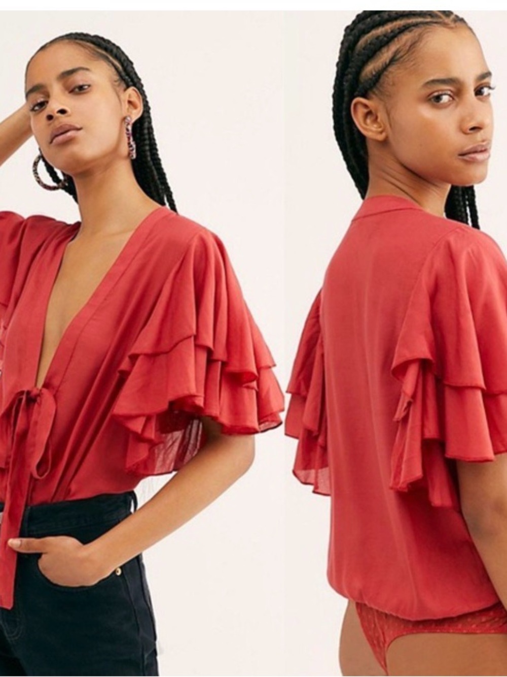 Free People " Call Me Later" Red , Flutter Sleeve , Tie-Front Bodysuit